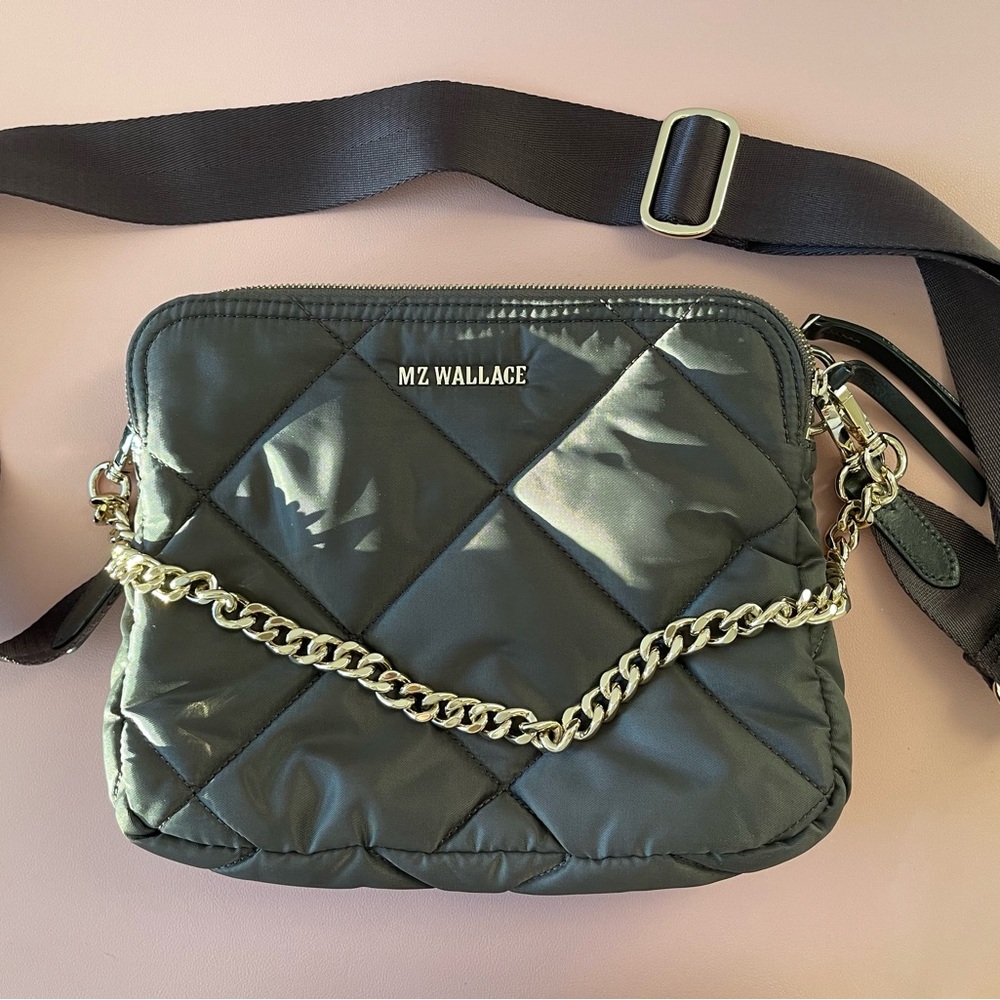 MZ Wallace Gray Quilted Crossbody Bag with Chain Detail